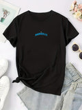 Women's T-Shirt Simple Blue Lettering On Solid Black Cotton Minimalist T Shirt