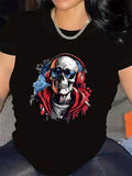 Women's T-Shirt Colorful Paint Splashes With Headphone Wearing Skeleton