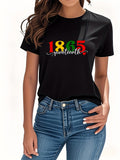 Women's T-Shirt Colorful Script Numbers With Flowing Letters And Simple Black Cotton T Shirt