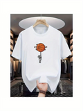 Men's T-Shirt Hand Sign Pointing Up With Cartoon Planets And Orange Basketball