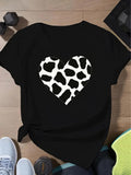Women's T-Shirt Spotted Animal Print Heart Showing Bold Black White Patchwork