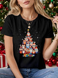 Women's T-Shirt Colorful Festive Christmas Owls With Sparkling Starry Lights Tree