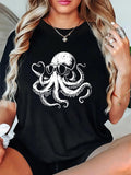 Women's T-Shirt Retro Style Smiling Octopus Wearing Cool Sunglasses On Black T Shirt Octopus