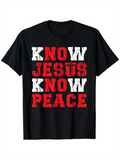 Men's T-Shirt Know Jesus Know Peace Distressed Block Letters Large Slogan