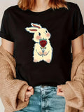 Women's T-Shirt Cute Fluffy Rabbit Holding A Red Rose Under Soft Pastel Light Rabbit