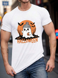 Men's T-Shirt Halloween Ghost Wearing Knit Hat With Pumpkin Surrounded By Bats And Moon