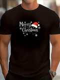 Men's T-Shirt Merry Christmas Red Santa Hat With Falling Snow And Shining Stars