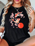 Women's T-Shirt Cherry Blossoms Floating With Graceful Koi Fish Under Red Sun