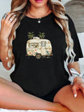 Women's T-Shirt Retro Palm Trees With Vintage Trailer Surrounded By Camping Essentials