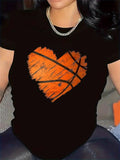 Women's T-Shirt Rough Painted Orange Heart With Basketball Texture Detail Heart