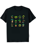 Men's T-Shirt Various Styles In Colorful Display With Potted Branches And Lush Bonsai Trees