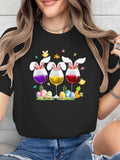 Women's T-Shirt Easter Eggs And Cartoon Bunny Ears With Colorful Wine Glasses Celebration