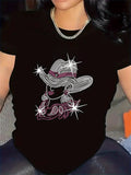 Women's T-Shirt Sparkling Rhinestone Embellishments On Glamorous Cowgirl Portrait