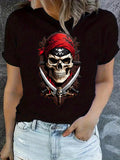 Women's T-Shirt Red Bandana Skull With Crossed Swords And Pirate Elements Skull