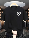 Men's T-Shirt Minimalist Line Art Heart On Plain Black Fabric