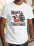 Men's T-Shirt Merry Christmas Festive Dachshund In Cozy Sweater With Decorated Holiday Pine Tree