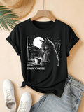 Women's T-Shirt Sippin Coffee With Moonlit Cityscape And Silhouette Black Cat