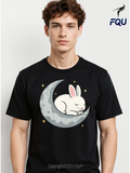 Men's T-Shirt Sleeping White Bunny Resting On Crescent Moon Among Shining Stars Rabbit