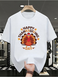 Men's T-Shirt Happy Thanksgiving Day Smiling Cartoon Turkey Surrounded By Autumn Leaves