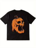 Men's T-Shirt Orange Halloween Pumpkin With Skull Shaped Carved Face Black T Shirt