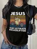 Women's T-Shirt Jesus Retro Fitness Theme With Sun Stripes And Barbell Deadlift Figure