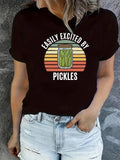 Women's T-Shirt Easily Excited By Pickles Retro Stripe Jar Of Pickles Under Sunset