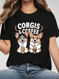 Women's T-Shirt Corgis And Coffee With Happy Smiling Cartoon Dogs Holding Drinks
