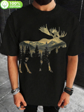 Men's T-Shirt Majestic Forest Landscape Among Mountain Shadows With Silhouetted Moose