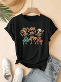 Women's T-Shirt Three Dancing Skeletons With Colorful Festive Outfits And Joyful Hats