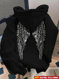 Women's Hoodie Detailed Silver Feathered Pattern With Metallic Shimmer Angel Wings