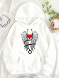 Women's Hoodie Silver Wings Wrapped Around Shining Red Heart With Halo