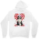 Men's Hoodie Blooming Red Paw Prints Among Playful Fluffy Dog