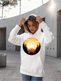 Women's Hoodie Golden Sunset Sky With Forest Silhouette And Majestic Flying Birds Deer