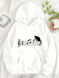 Women's Hoodie Playful Cat With Scattered Musical Notes On Staff Lines Cat