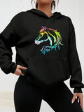 Women's Hoodie Vivid Neon Lines With Rainbow Lights Radiating Around Majestic Horse