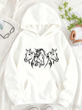 Women's Hoodie Artistic Outline Trio With Flowing Mane Graceful Horses