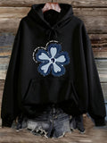 Women's Hoodie Blue Patchwork With Layered Stitch Details Flower