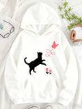 Women's Hoodie Playful Black Cat With Pink Butterfly And Blossoming Flowers