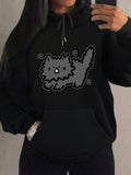 Women's Hoodie Cartoon Fluffy Cat Surrounded By Small Hearts Playful Cat