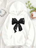 Women's Hoodie Intricate Lace Pattern With Knotted Ends Black Bow