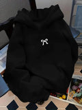 Women's Hoodie Minimalist Embroidered White Bow Centered On Plain Hoodie