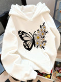 Women's Hoodie Blossoming Field With Monarch Spreading Daisies Butterfly