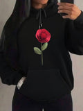Women's Hoodie Vivid Single Stem With Dew Covered Red Rose Flower