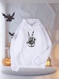 Men's Hoodie Bony Skeleton Peace Gesture Hand Surrounded By Spooky Halloween Atmosphere