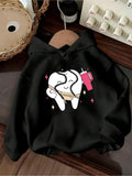 Women's Hoodie Cartoon Smiling Tooth With Pink Toothbrush Cheerful Hygienic Mascot