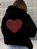 Women's Hoodie Red Leopard Print Heart Patterned On Black Hoodie
