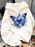 Women's Hoodie Watercolor Blooms Under Painted Blue Butterfly Wings Butterfly