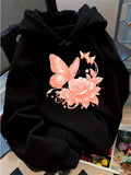 Women's Hoodie Soft Pink Butterfly With Blooming Rose Flowers Surrounded By Delicate Petals Hoodie