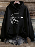 Women's Hoodie Travel Adventure Dotted Line Surrounding Globe With Airplane Icon
