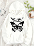 Women's Hoodie Butterfly Graphic With Bold Black Artwork Depicting Wings On White Hoodie Butterfly